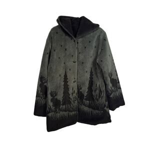 Alpine Studio Fleece Jacket Mens L Green Black Reversible Hooded Moose Graphic